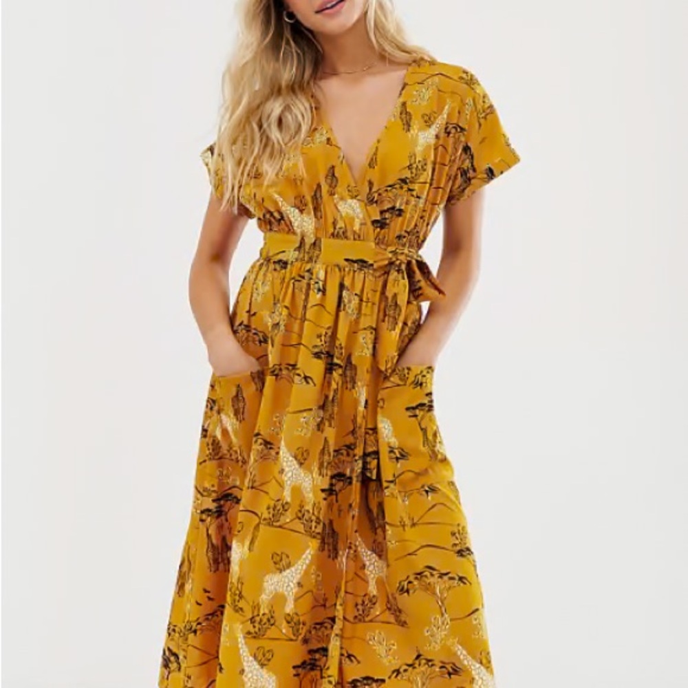NWOT Yellow Orange Wrap Midi Sundress with Giraffe & Dessert Print